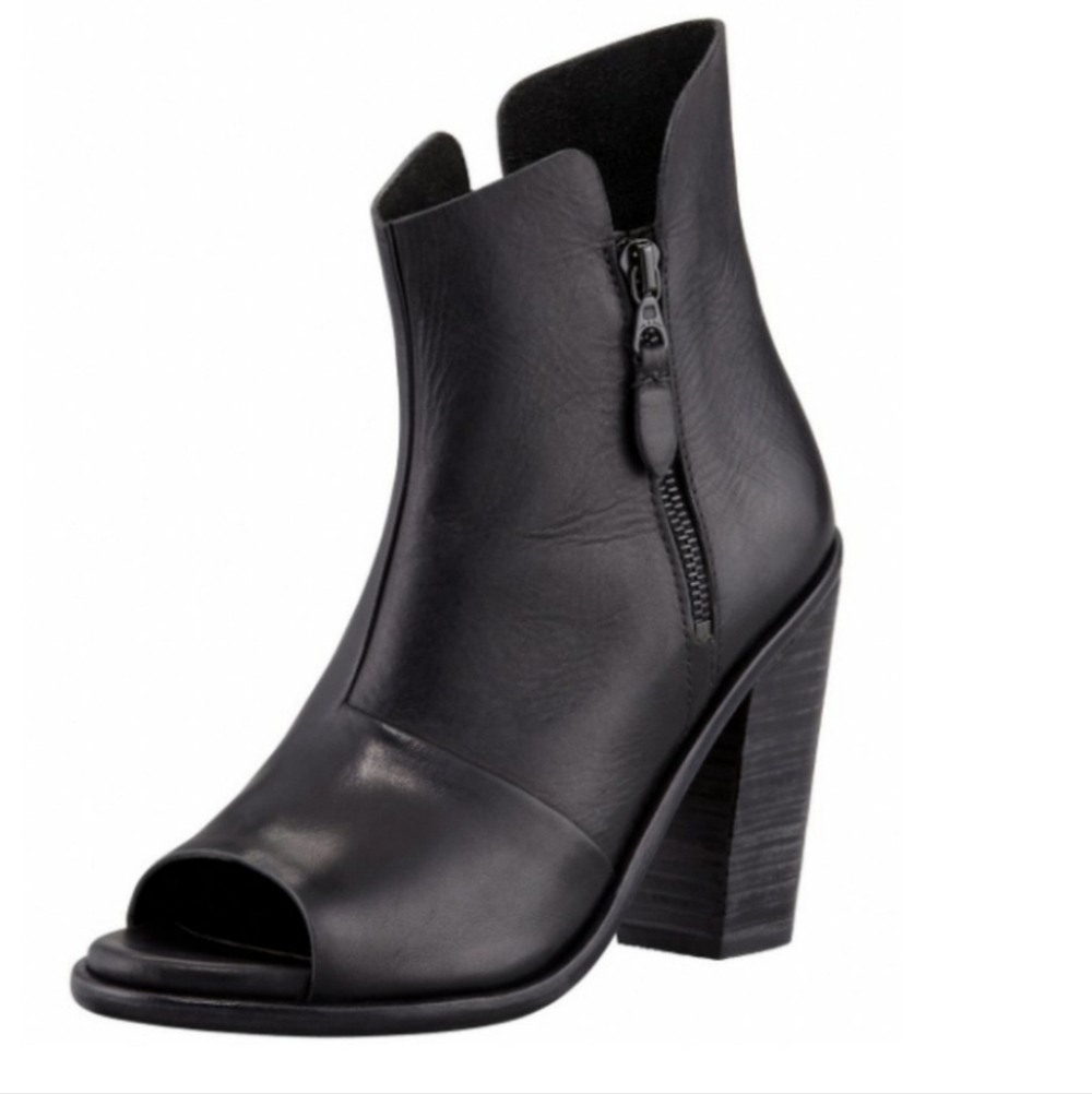 Rag and Bone‎ Noelle Black Leather Peep Toe Chunky Heel Ankle Boots Booties 36.5